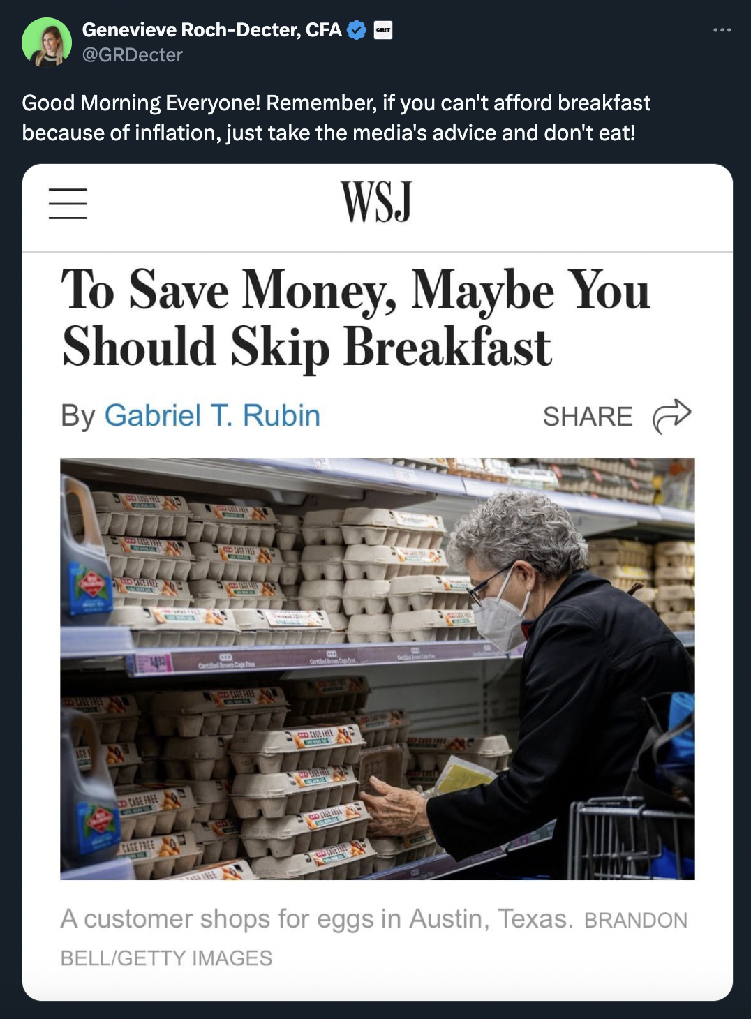 gabe rubin skip breakfast - Genevieve RochDecter, Cfa Good Morning Everyone! Remember, if you can't afford breakfast because of inflation, just take the media's advice and don't eat! Wsj To Save Money, Maybe You Should Skip Breakfast By Gabriel T. Rubin A